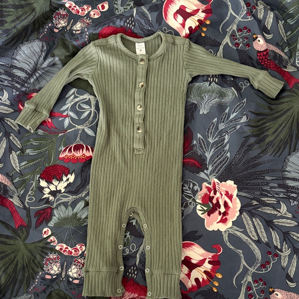 Kate Quinn Ribbed Olive Green Baby Henley Romper